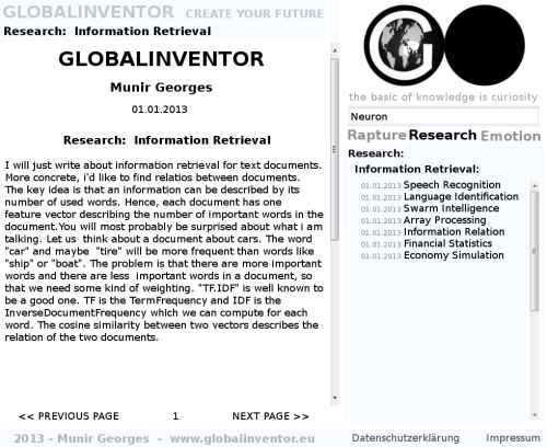 The green body of the new globalinventor webpage